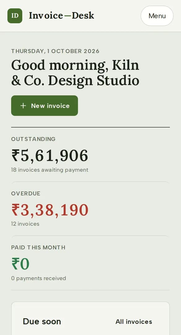 InvoiceDesk on a phone: a studio's money at a glance — outstanding, overdue in red, and paid this month — with a New invoice button