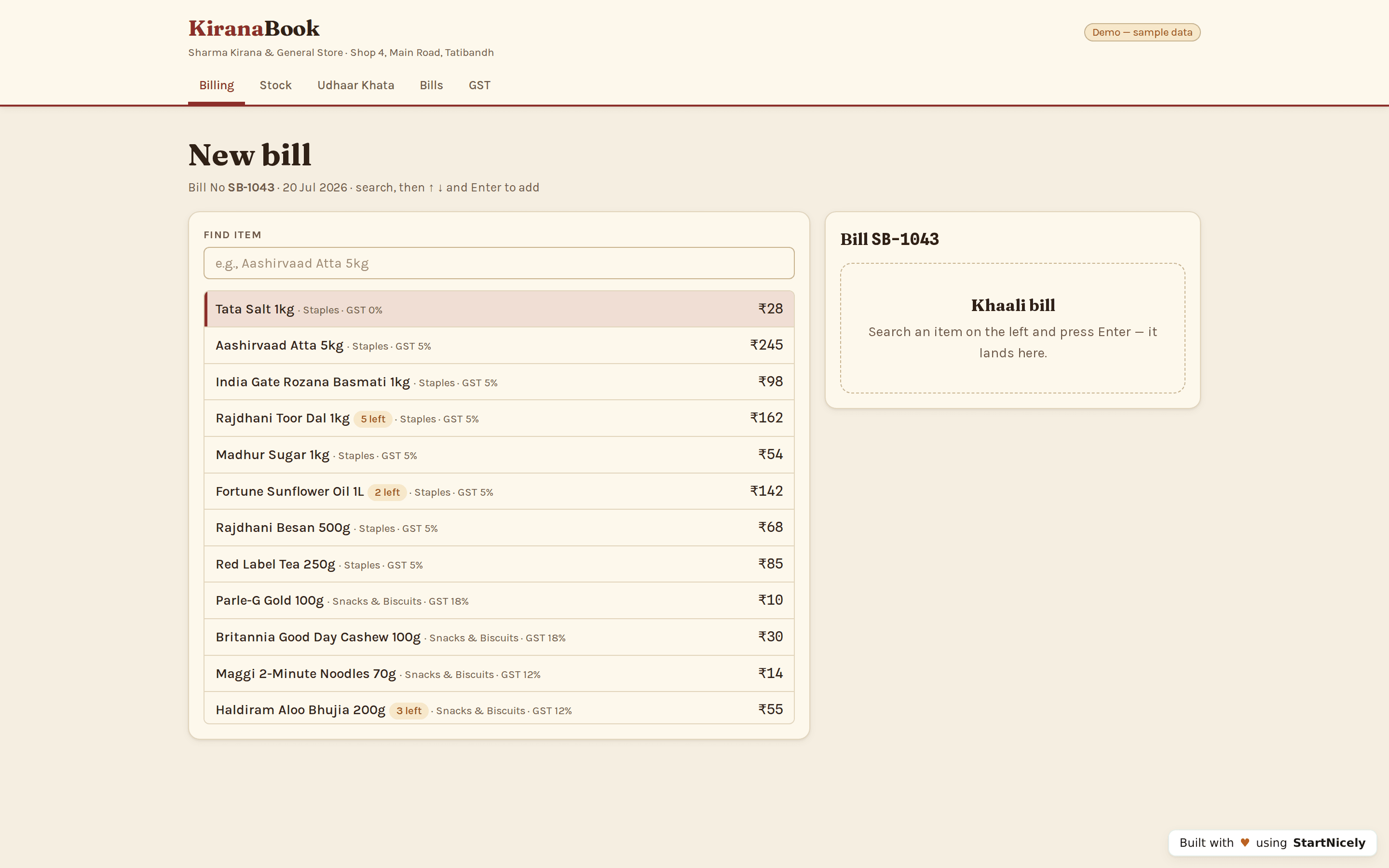 KiranaBook's billing counter — item search, a bill in progress, GST by slab, UPI and cash — live at kiranabook.boodoo.ai