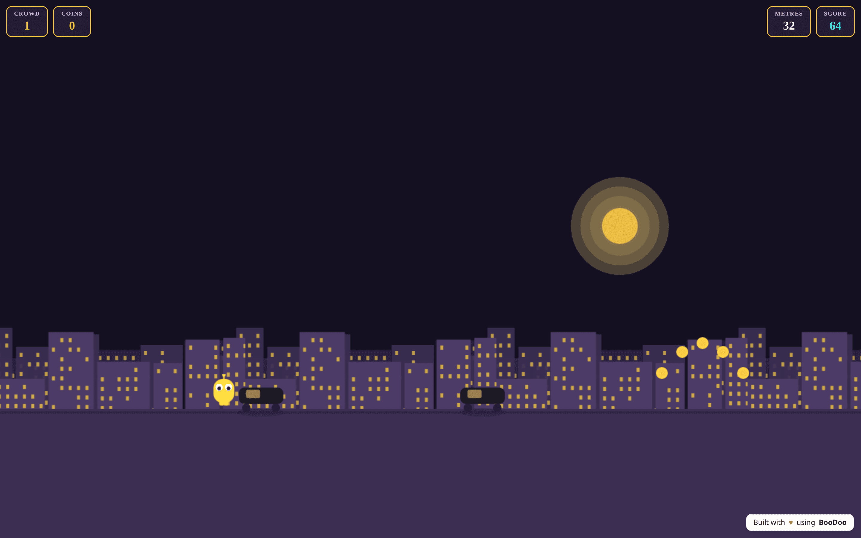 A run in progress: the character, cars in the road ahead, coins to collect, and the crowd, coins, metres and score counted at the top