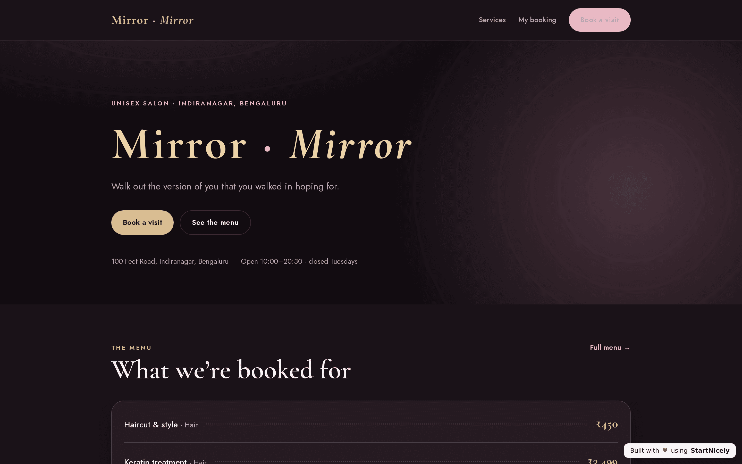 Mirror Mirror's home page: wordmark, services with prices, stylists
