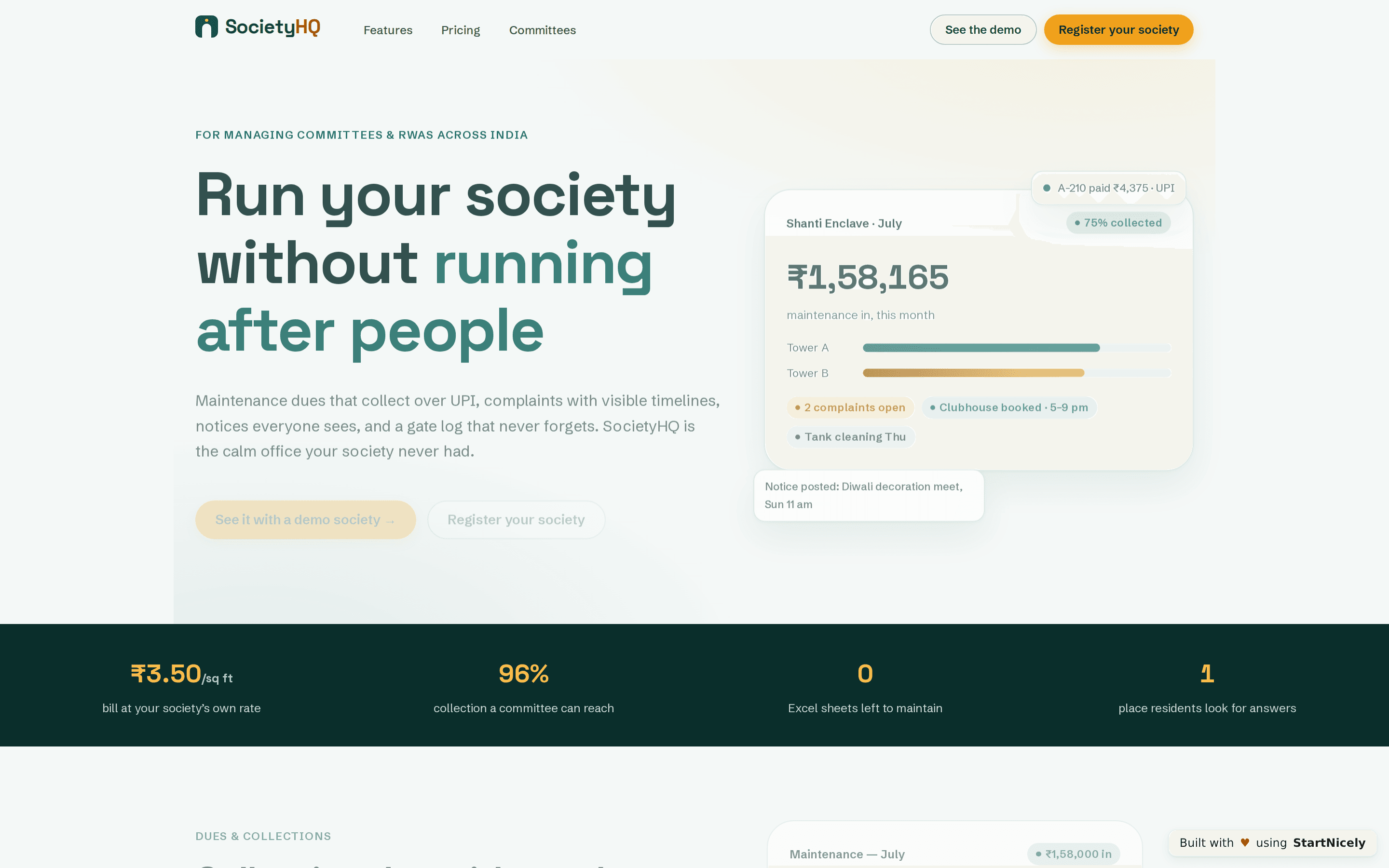 SocietyHQ's own front page and pricing