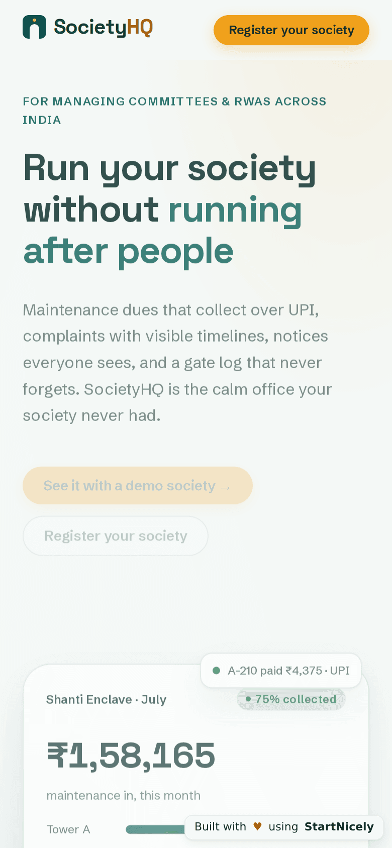 SocietyHQ's front page on a phone