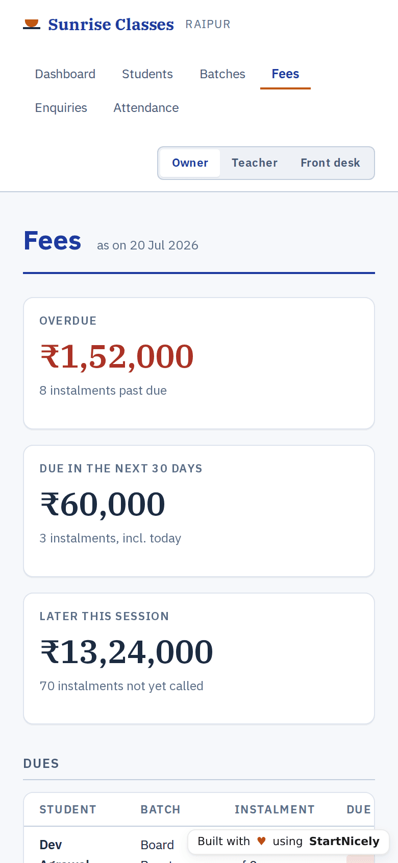 The fees page on a phone